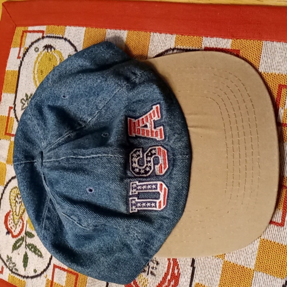 Vintage 80s,USA,Blue Denim with Tan Bill,Bugle Boy,Patriotic, Baseball Cap 🇺🇸
